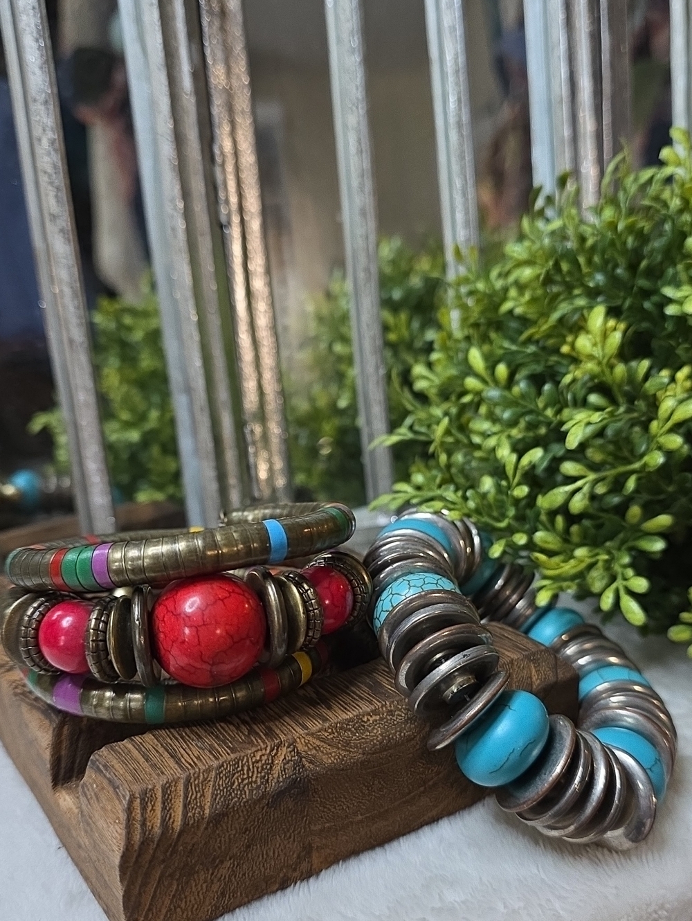 Boho Beaded Stretch Bracelet Set with Red and Turquoise Accents